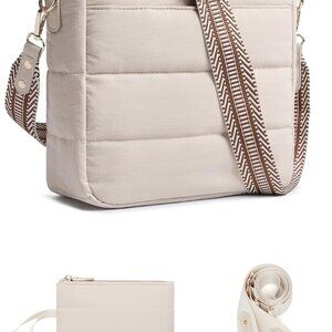 Women Puffer Quilted Crossbody Hobo Bag 2PCS with Coin Wallet Adjustable Straps